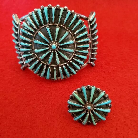 VINTAGE ZUNI TURQUOISE & STERLING SILVER NEEDLE POINT CUFF & RING - Picture 1 of 10